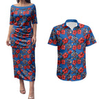 Newcastle Knights Couples Matching Puletasi and Hawaiian Shirt Tropical Hibiscus Floral Seamless Rugby Mascot