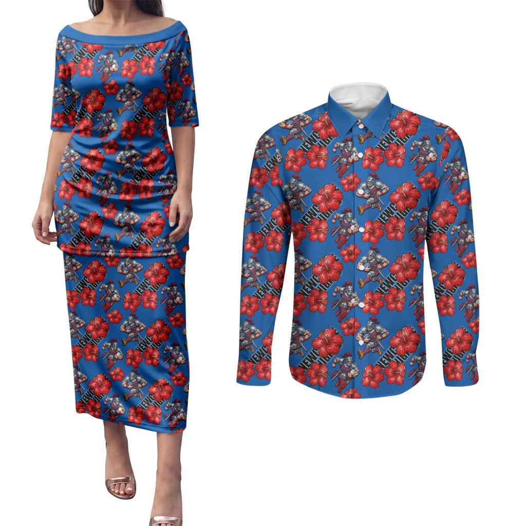 Newcastle Knights Couples Matching Puletasi and Long Sleeve Button Shirt Tropical Hibiscus Floral Seamless Rugby Mascot