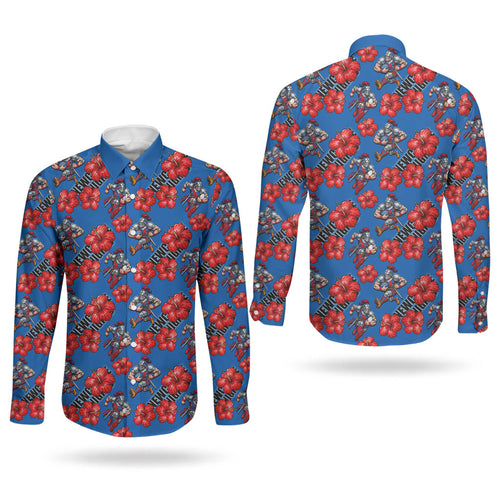 Newcastle Knights Couples Matching Puletasi and Long Sleeve Button Shirt Tropical Hibiscus Floral Seamless Rugby Mascot
