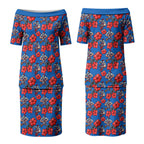 Newcastle Knights Couples Matching Puletasi and Long Sleeve Button Shirt Tropical Hibiscus Floral Seamless Rugby Mascot