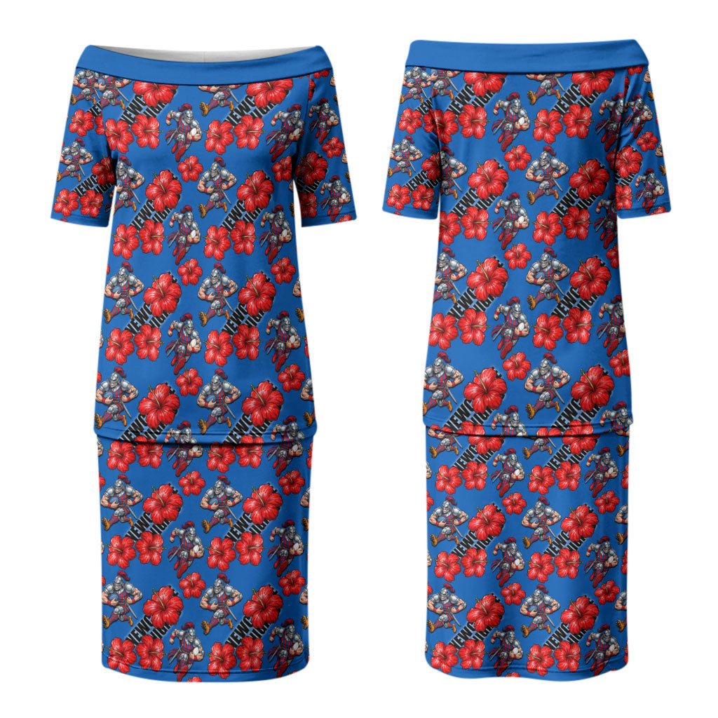 Newcastle Knights Couples Matching Puletasi and Long Sleeve Button Shirt Tropical Hibiscus Floral Seamless Rugby Mascot