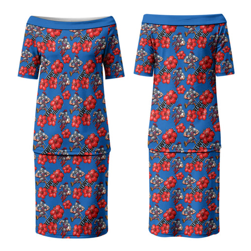 Newcastle Knights Couples Matching Puletasi and Long Sleeve Button Shirt Tropical Hibiscus Floral Seamless Rugby Mascot