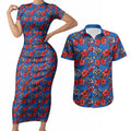 Newcastle Knights Couples Matching Short Sleeve Bodycon Dress and Hawaiian Shirt Tropical Hibiscus Floral Seamless Rugby Mascot