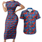 Newcastle Knights Couples Matching Short Sleeve Bodycon Dress and Hawaiian Shirt Tropical Hibiscus Floral Seamless Rugby Mascot