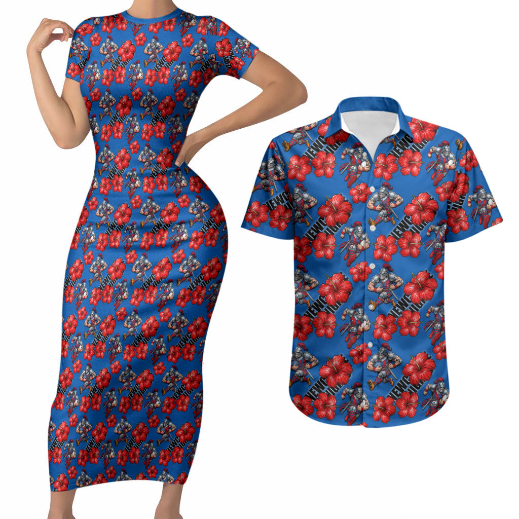 Newcastle Knights Couples Matching Short Sleeve Bodycon Dress and Hawaiian Shirt Tropical Hibiscus Floral Seamless Rugby Mascot