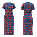 Newcastle Knights Couples Matching Short Sleeve Bodycon Dress and Hawaiian Shirt Tropical Hibiscus Floral Seamless Rugby Mascot