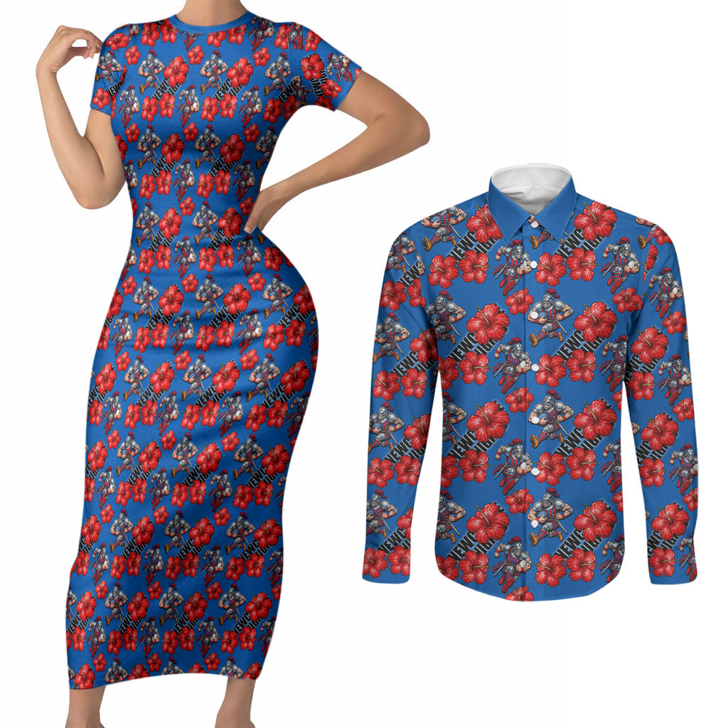 Newcastle Knights Couples Matching Short Sleeve Bodycon Dress and Long Sleeve Button Shirt Tropical Hibiscus Floral Seamless Rugby Mascot