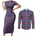 Newcastle Knights Couples Matching Short Sleeve Bodycon Dress and Long Sleeve Button Shirt Tropical Hibiscus Floral Seamless Rugby Mascot