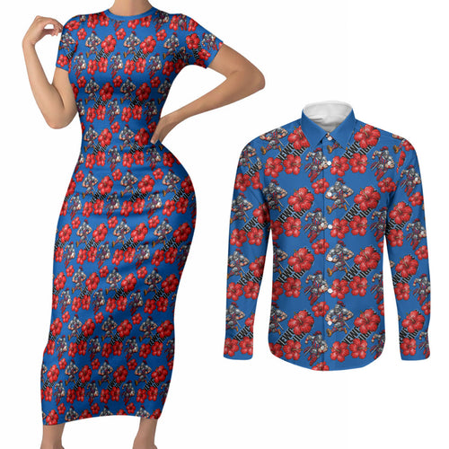 Newcastle Knights Couples Matching Short Sleeve Bodycon Dress and Long Sleeve Button Shirt Tropical Hibiscus Floral Seamless Rugby Mascot
