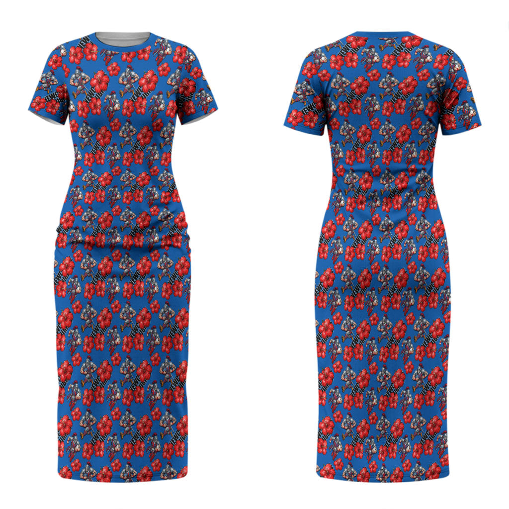 Newcastle Knights Couples Matching Short Sleeve Bodycon Dress and Long Sleeve Button Shirt Tropical Hibiscus Floral Seamless Rugby Mascot