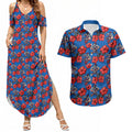 Newcastle Knights Couples Matching Summer Maxi Dress and Hawaiian Shirt Tropical Hibiscus Floral Seamless Rugby Mascot