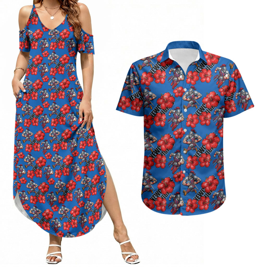 Newcastle Knights Couples Matching Summer Maxi Dress and Hawaiian Shirt Tropical Hibiscus Floral Seamless Rugby Mascot