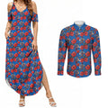 Newcastle Knights Couples Matching Summer Maxi Dress and Long Sleeve Button Shirt Tropical Hibiscus Floral Seamless Rugby Mascot