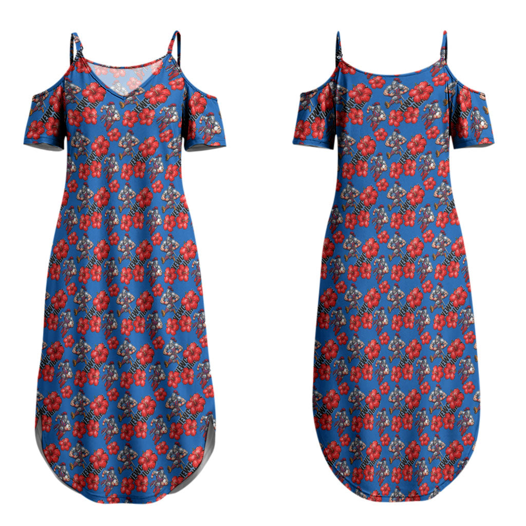 Newcastle Knights Couples Matching Summer Maxi Dress and Long Sleeve Button Shirt Tropical Hibiscus Floral Seamless Rugby Mascot
