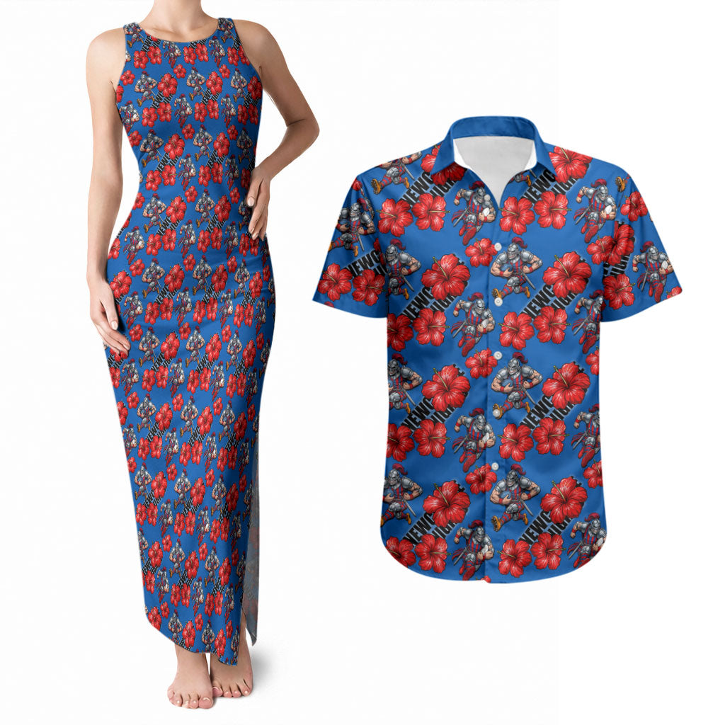 Newcastle Knights Couples Matching Tank Maxi Dress and Hawaiian Shirt Tropical Hibiscus Floral Seamless Rugby Mascot