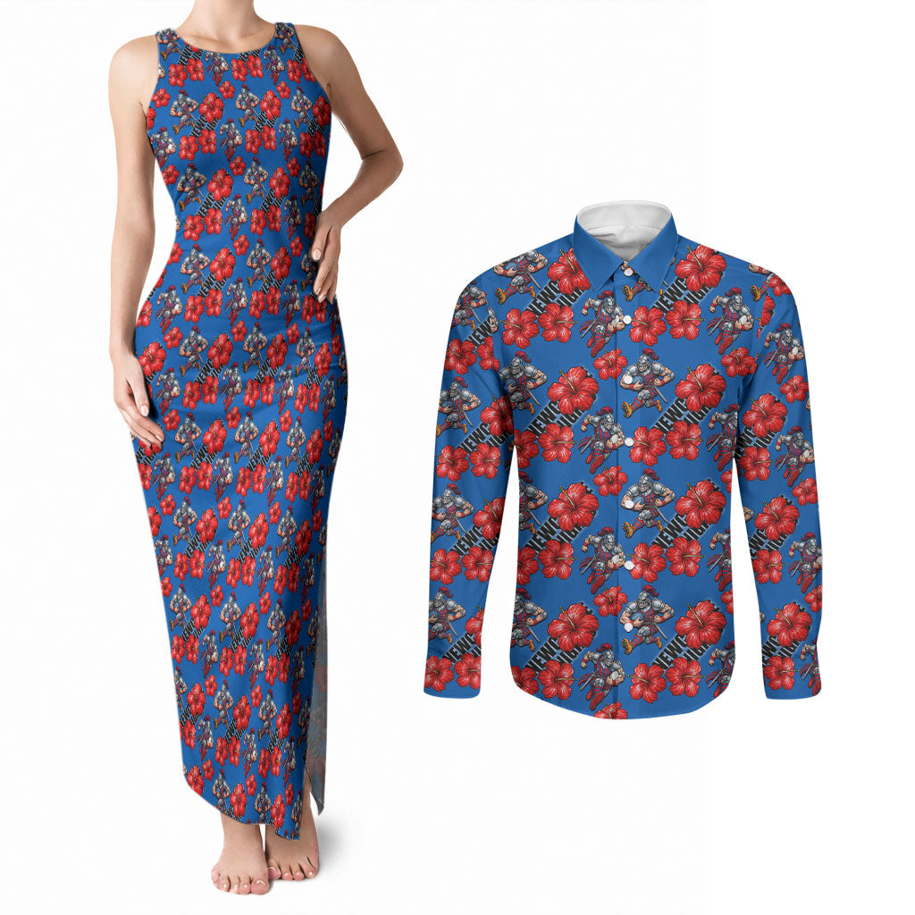 Newcastle Knights Couples Matching Tank Maxi Dress and Long Sleeve Button Shirt Tropical Hibiscus Floral Seamless Rugby Mascot
