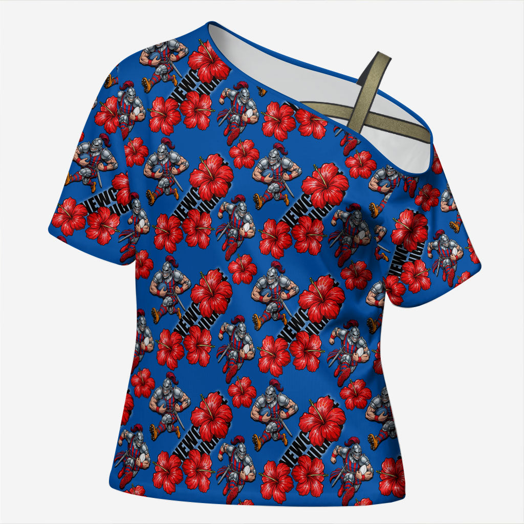 Newcastle Knights Cross Shoulder Shirt Tropical Hibiscus Floral Seamless Rugby Mascot