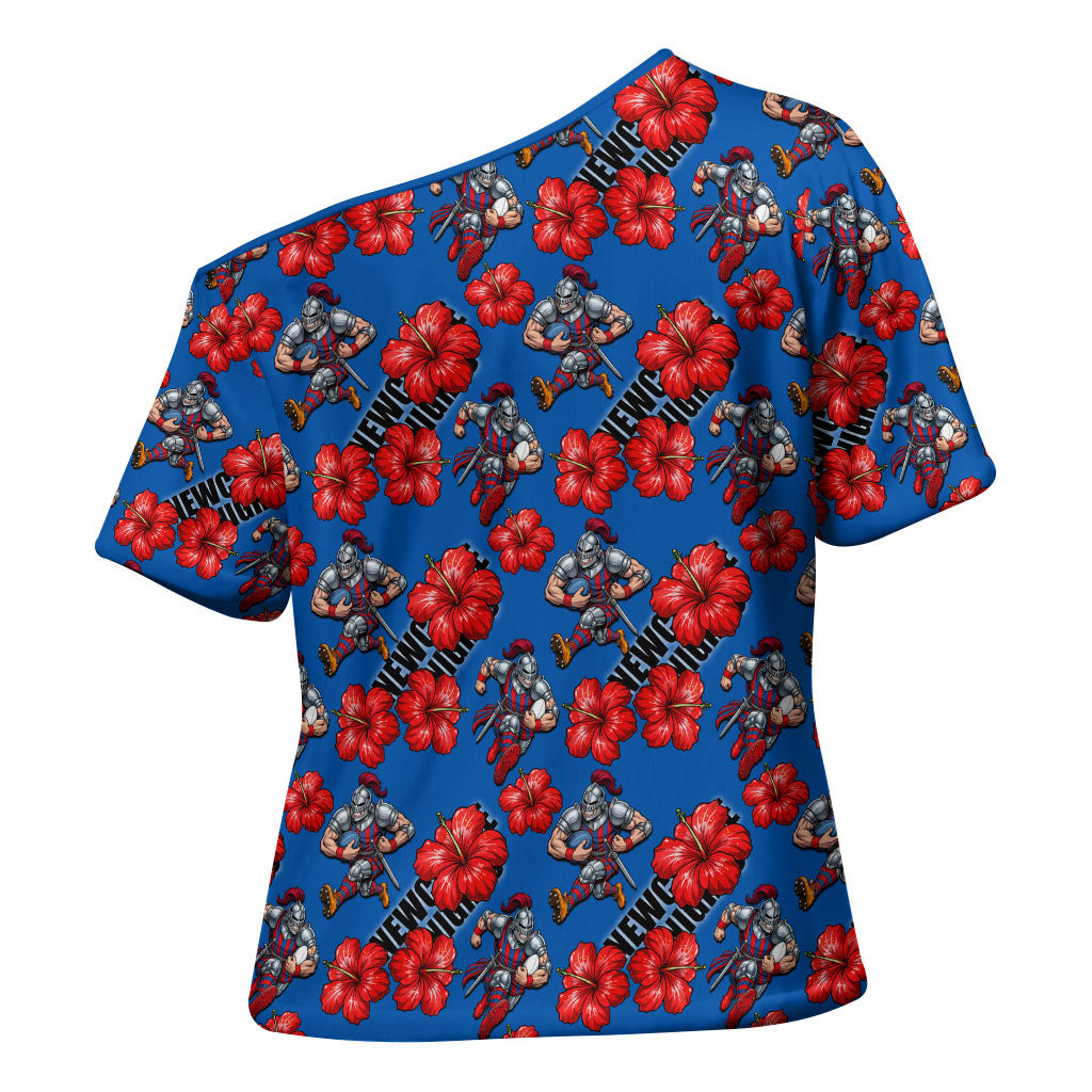 Newcastle Knights Cross Shoulder Shirt Tropical Hibiscus Floral Seamless Rugby Mascot