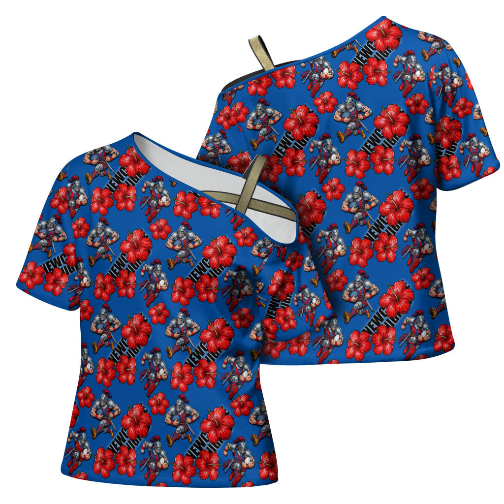 Newcastle Knights Cross Shoulder Shirt Tropical Hibiscus Floral Seamless Rugby Mascot