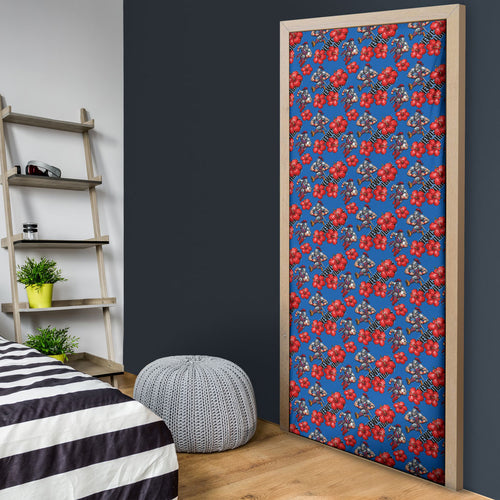Newcastle Knights Door Cover Tropical Hibiscus Floral Seamless Rugby Mascot