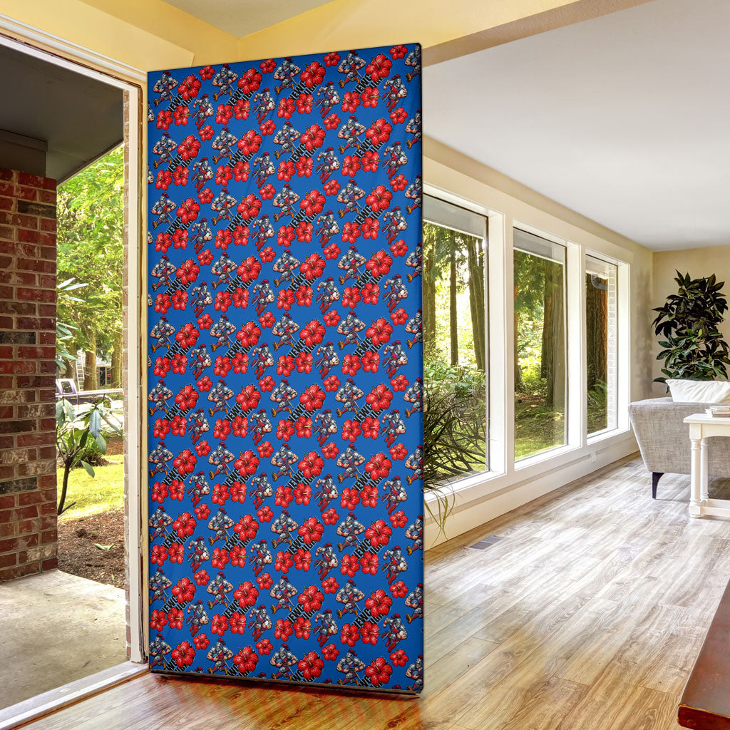 Newcastle Knights Door Cover Tropical Hibiscus Floral Seamless Rugby Mascot