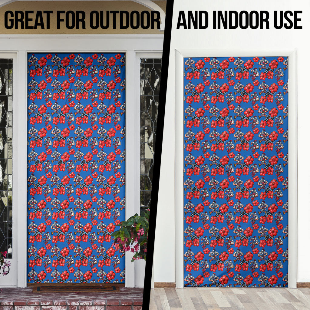Newcastle Knights Door Cover Tropical Hibiscus Floral Seamless Rugby Mascot