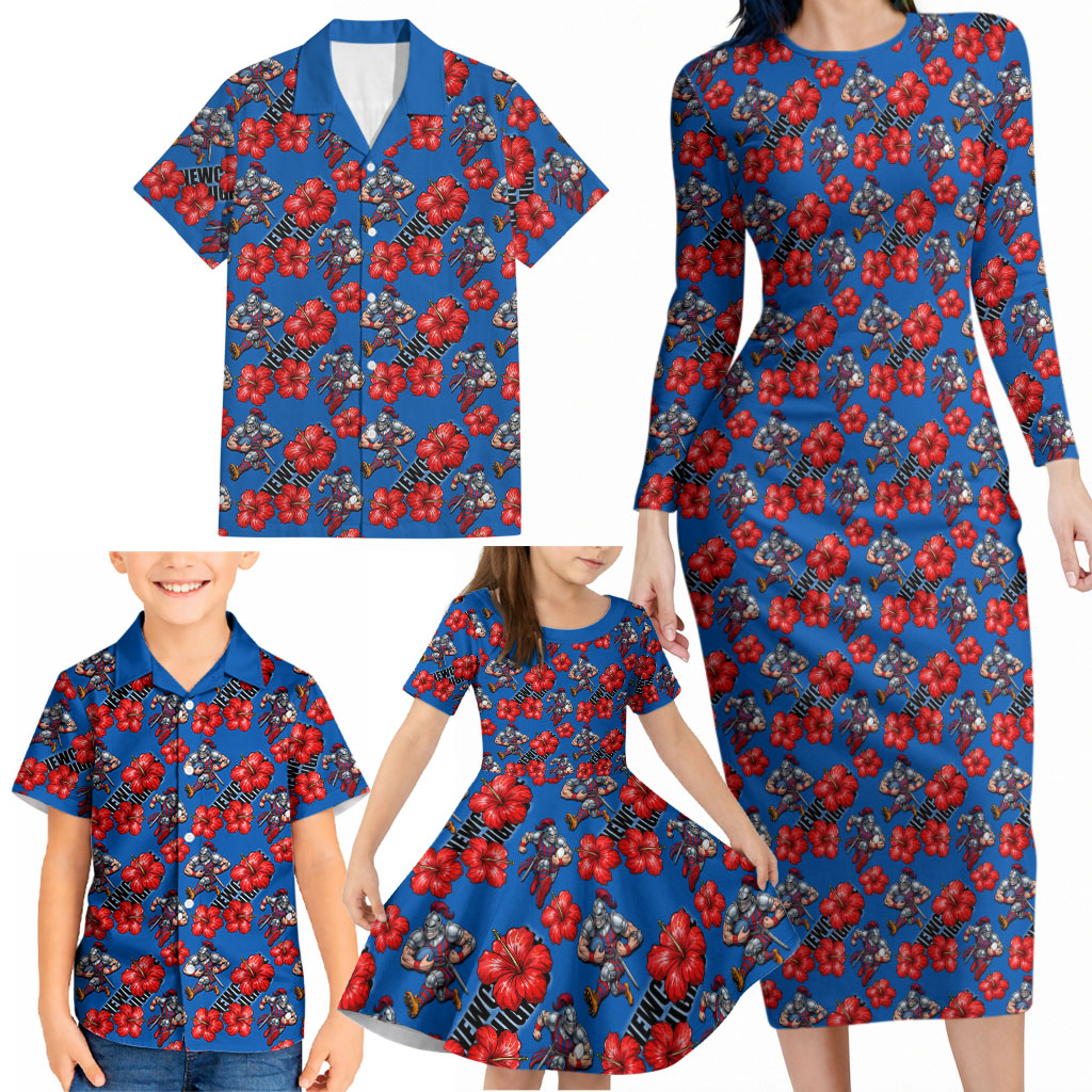Newcastle Knights Family Matching Long Sleeve Bodycon Dress and Hawaiian Shirt Tropical Hibiscus Floral Seamless Rugby Mascot