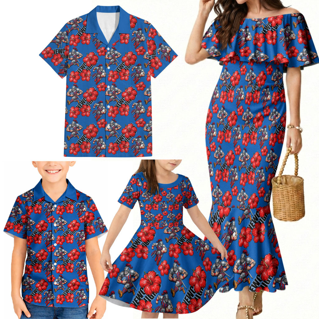 Newcastle Knights Family Matching Mermaid Dress and Hawaiian Shirt Tropical Hibiscus Floral Seamless Rugby Mascot