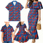 Newcastle Knights Family Matching Mermaid Dress and Hawaiian Shirt Tropical Hibiscus Floral Seamless Rugby Mascot