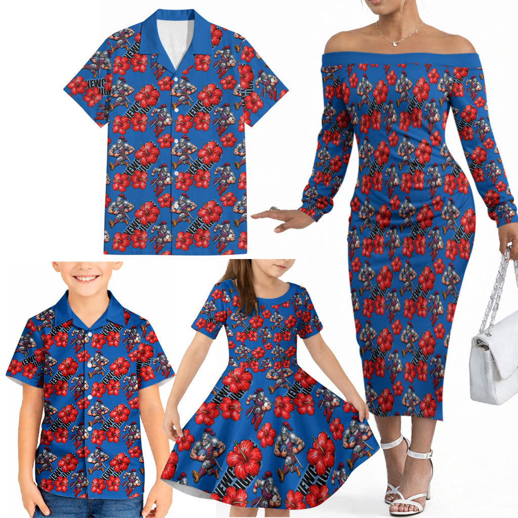 Newcastle Knights Family Matching Off The Shoulder Long Sleeve Dress and Hawaiian Shirt Tropical Hibiscus Floral Seamless Rugby Mascot