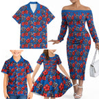 Newcastle Knights Family Matching Off The Shoulder Long Sleeve Dress and Hawaiian Shirt Tropical Hibiscus Floral Seamless Rugby Mascot