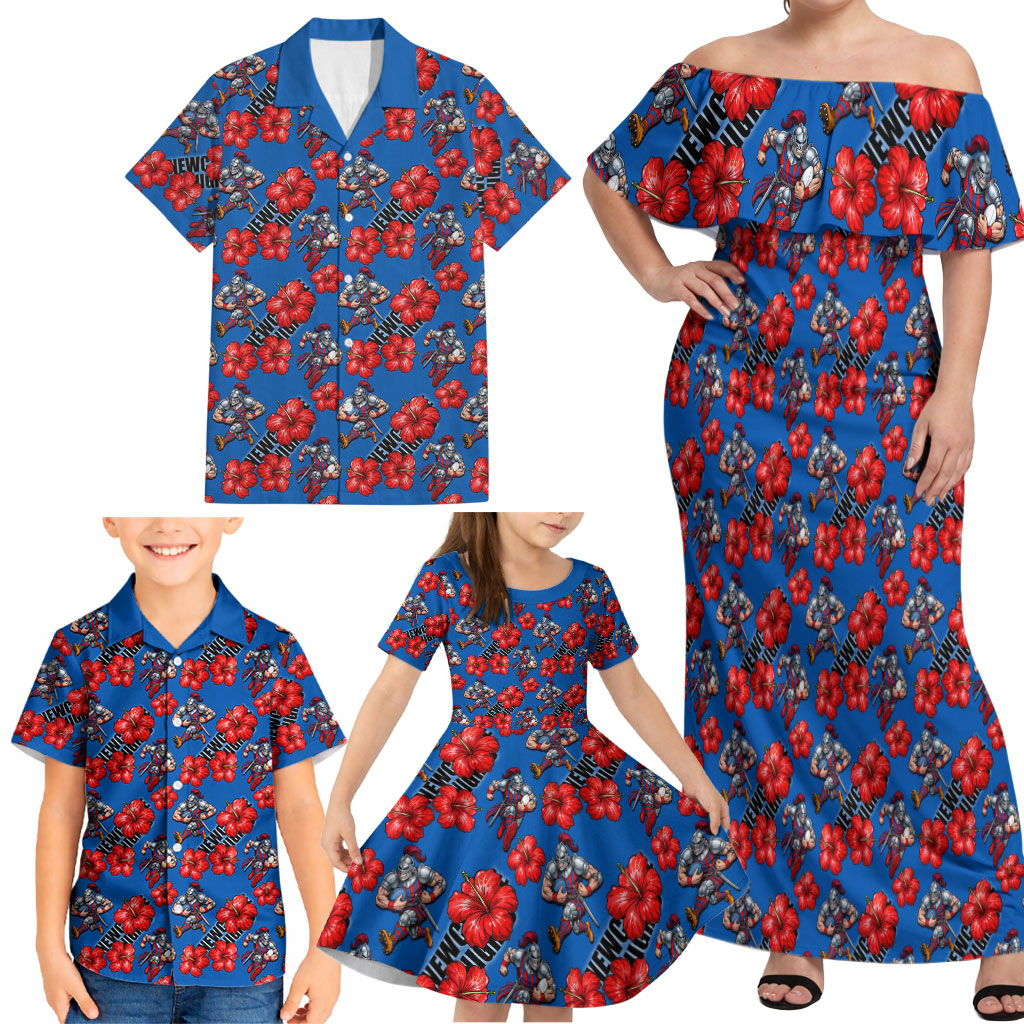 Newcastle Knights Family Matching Off Shoulder Maxi Dress and Hawaiian Shirt Tropical Hibiscus Floral Seamless Rugby Mascot