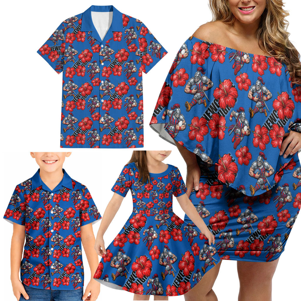 Newcastle Knights Family Matching Off Shoulder Short Dress and Hawaiian Shirt Tropical Hibiscus Floral Seamless Rugby Mascot