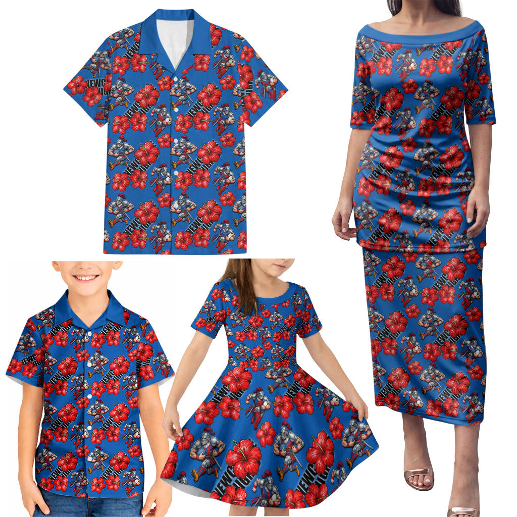 Newcastle Knights Family Matching Puletasi and Hawaiian Shirt Tropical Hibiscus Floral Seamless Rugby Mascot