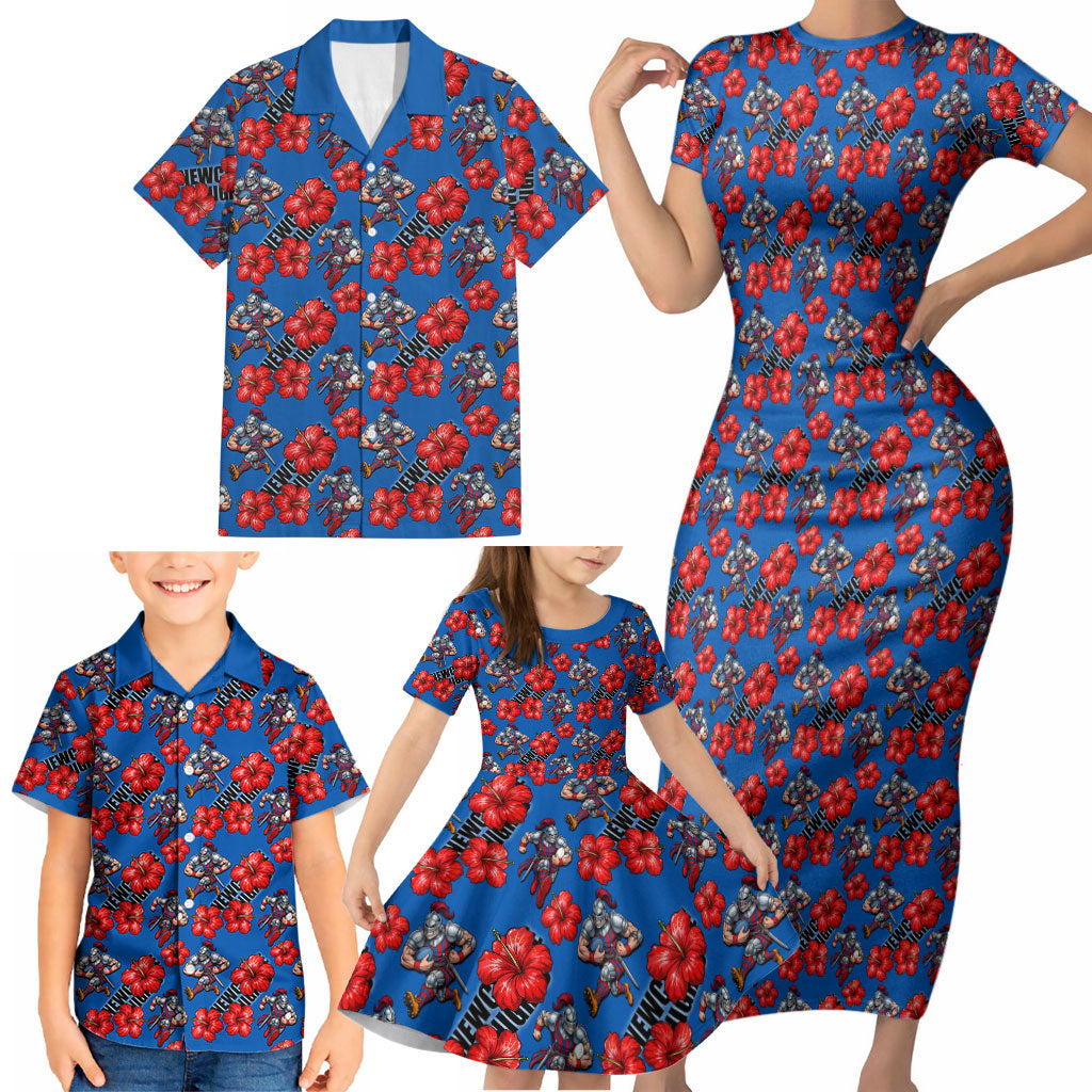 Newcastle Knights Family Matching Short Sleeve Bodycon Dress and Hawaiian Shirt Tropical Hibiscus Floral Seamless Rugby Mascot