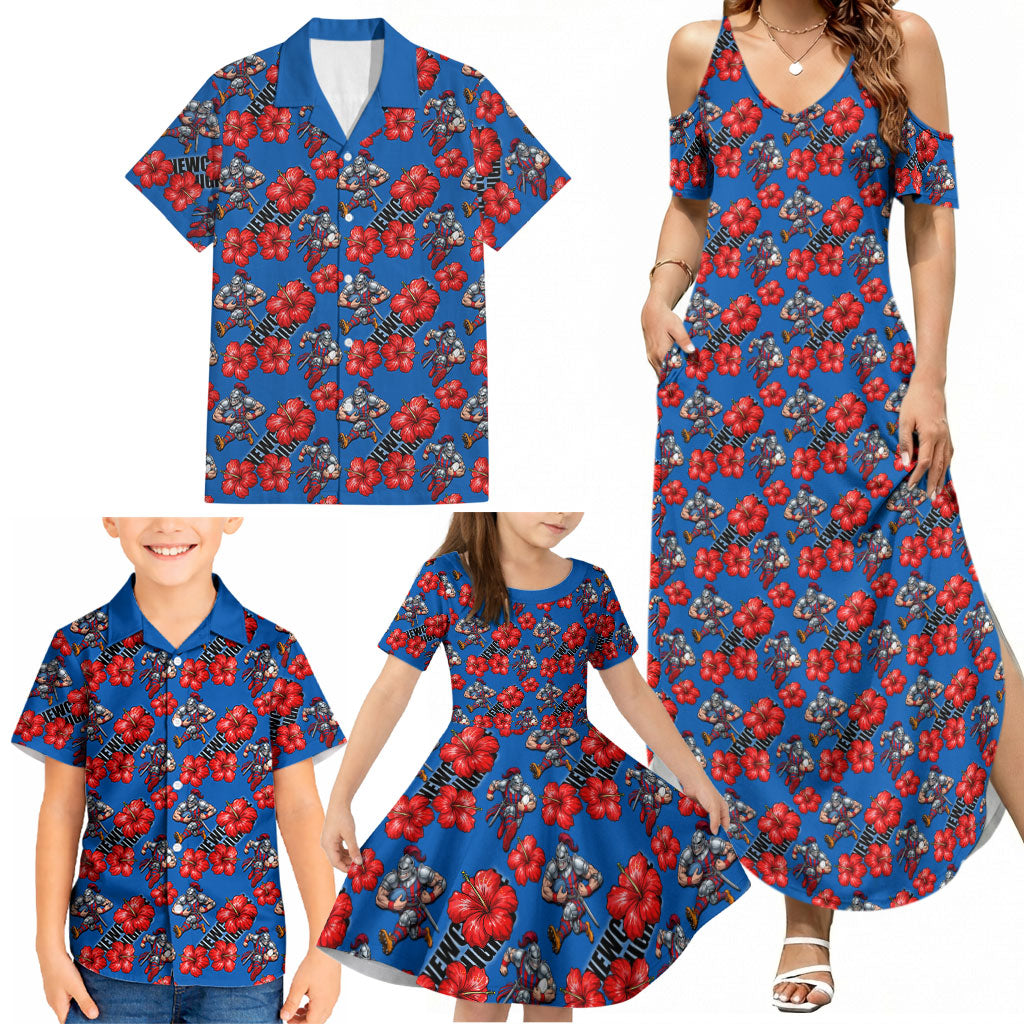 Newcastle Knights Family Matching Summer Maxi Dress and Hawaiian Shirt Tropical Hibiscus Floral Seamless Rugby Mascot