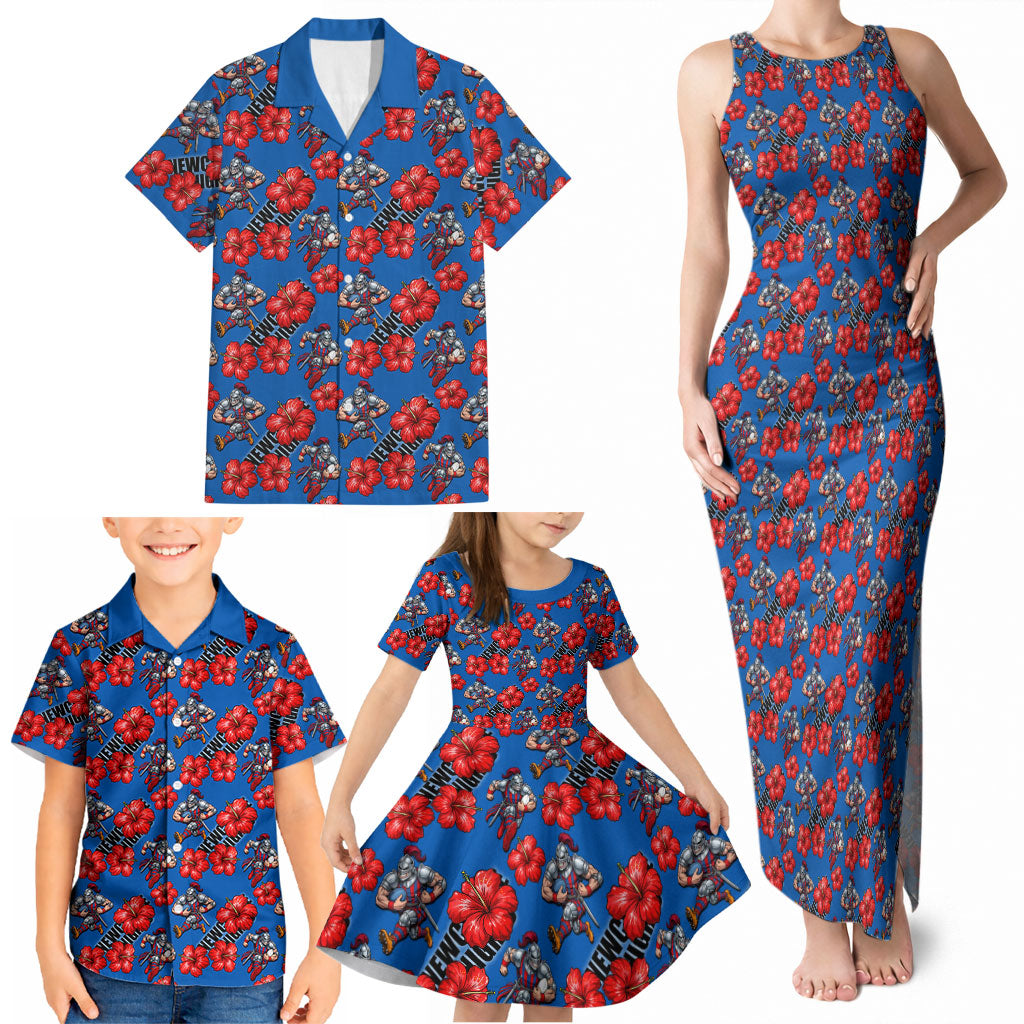 Newcastle Knights Family Matching Tank Maxi Dress and Hawaiian Shirt Tropical Hibiscus Floral Seamless Rugby Mascot
