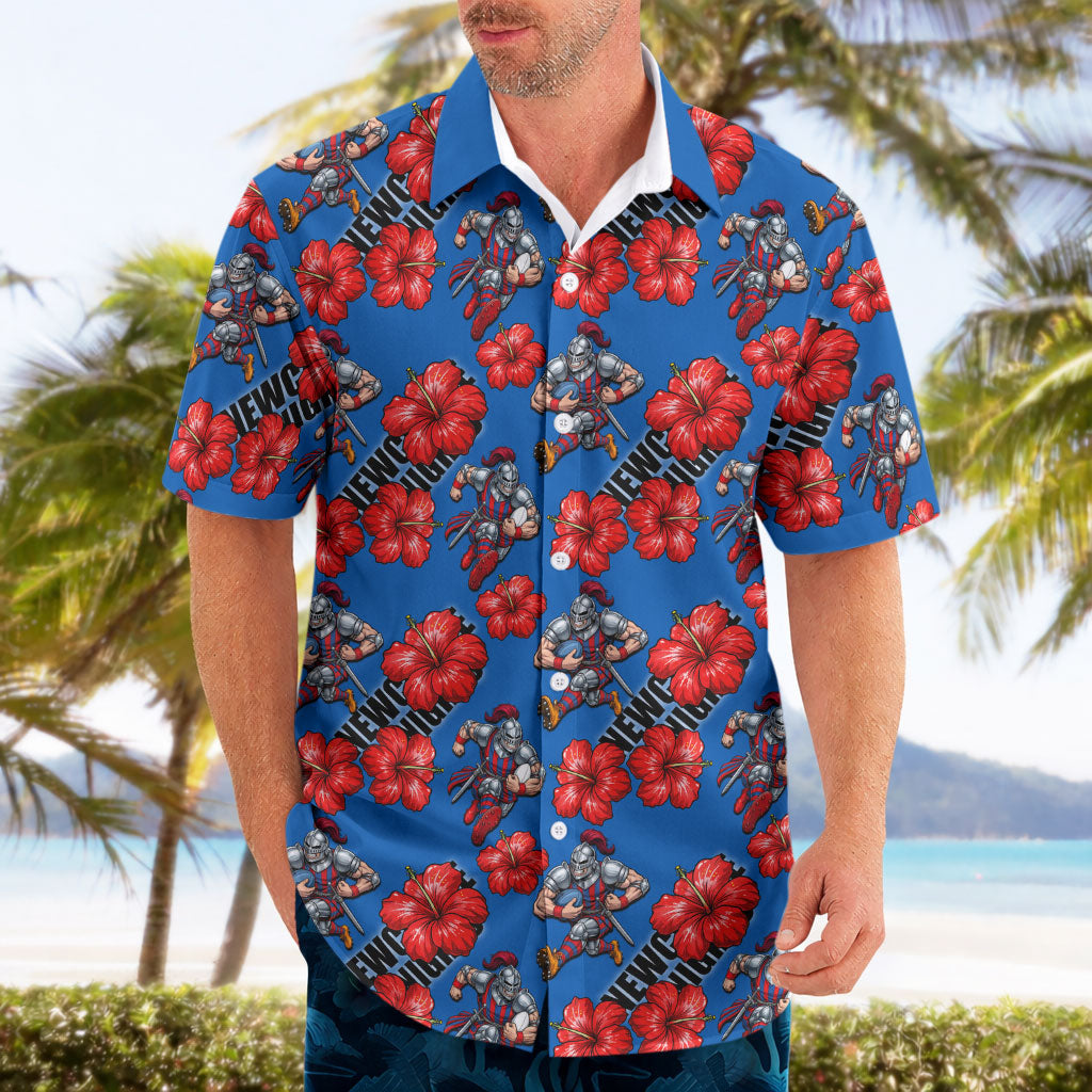 Newcastle Knights Hawaiian Shirt Tropical Hibiscus Floral Seamless Rugby Mascot