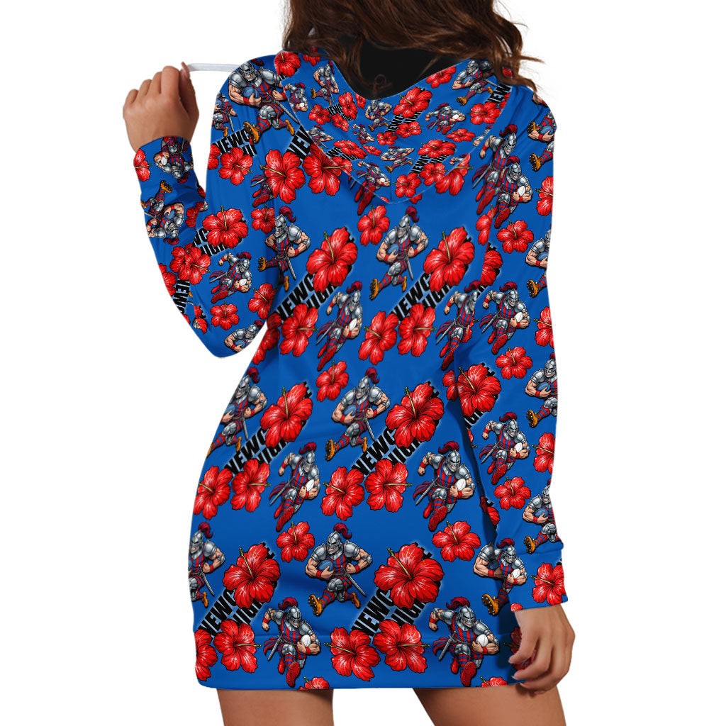 Newcastle Knights Hoodie Dress Tropical Hibiscus Floral Seamless Rugby Mascot