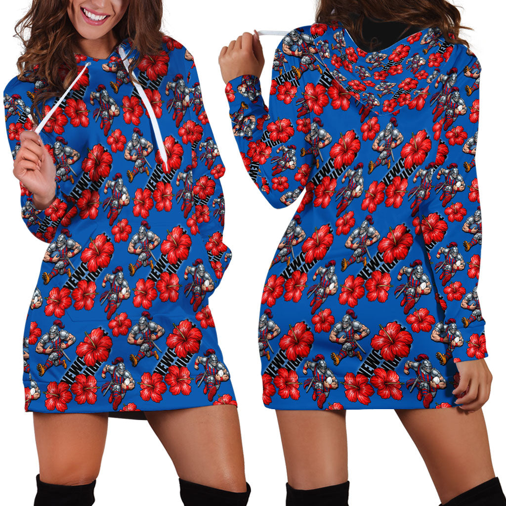 Newcastle Knights Hoodie Dress Tropical Hibiscus Floral Seamless Rugby Mascot