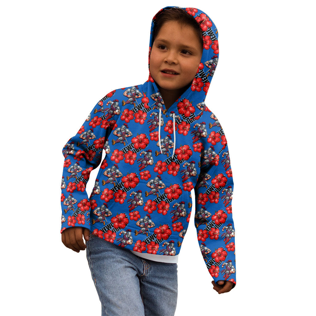 Newcastle Knights Kid Hoodie Tropical Hibiscus Floral Seamless Rugby Mascot