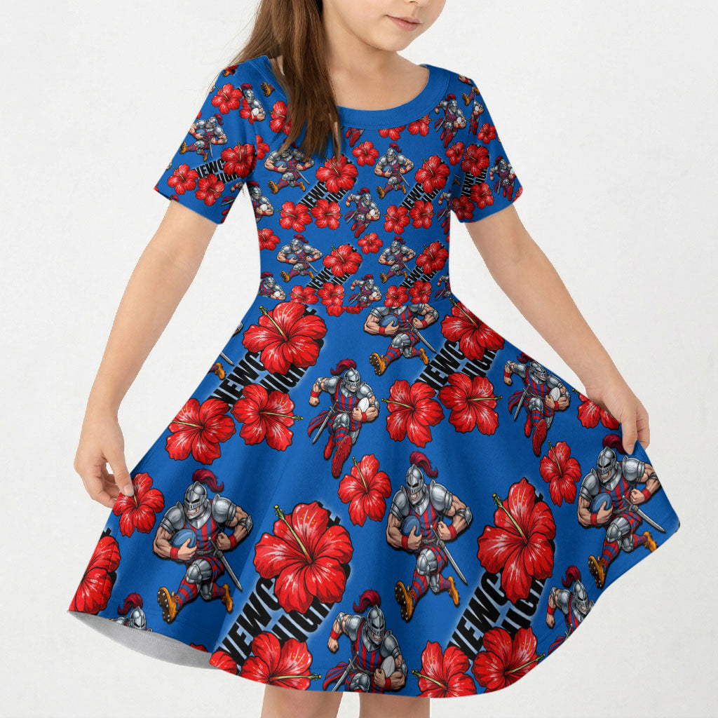 Newcastle Knights Kid Short Sleeve Dress Tropical Hibiscus Floral Seamless Rugby Mascot