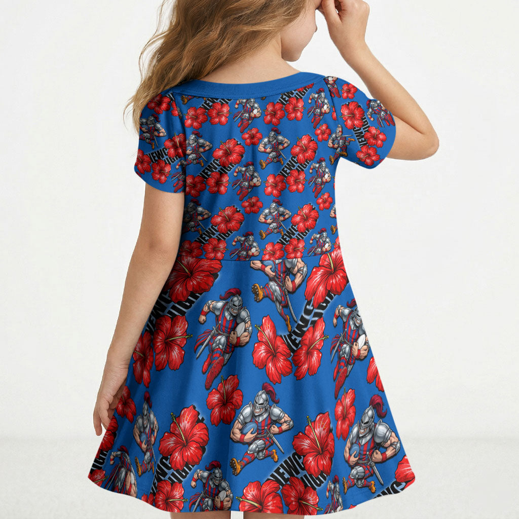Newcastle Knights Kid Short Sleeve Dress Tropical Hibiscus Floral Seamless Rugby Mascot