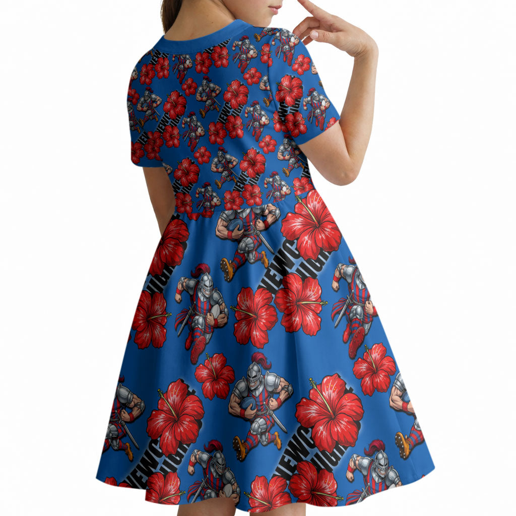 Newcastle Knights Kid Short Sleeve Dress Tropical Hibiscus Floral Seamless Rugby Mascot