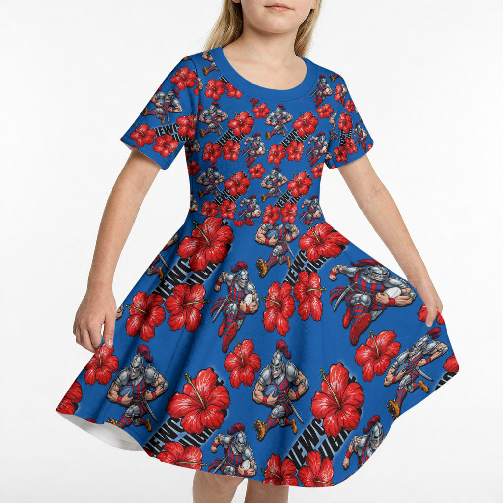Newcastle Knights Kid Short Sleeve Dress Tropical Hibiscus Floral Seamless Rugby Mascot