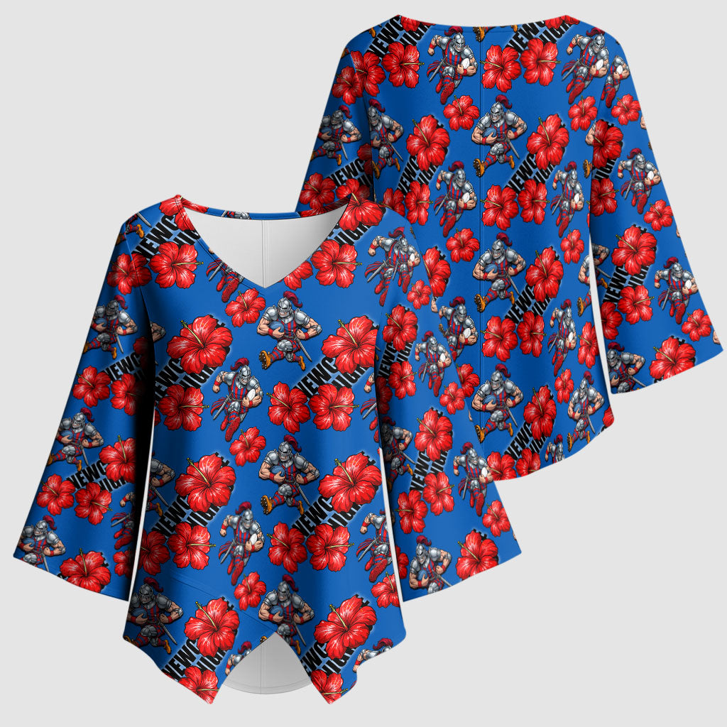 Newcastle Knights Kimono Sleeve Blouse Tropical Hibiscus Floral Seamless Rugby Mascot