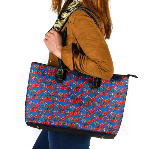 Newcastle Knights Leather Tote Bag Tropical Hibiscus Floral Seamless Rugby Mascot