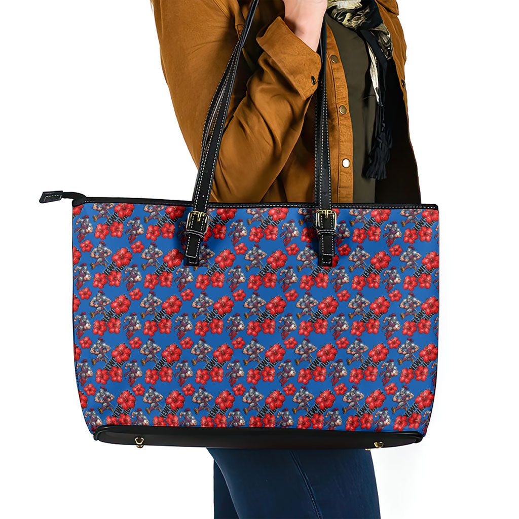 Newcastle Knights Leather Tote Bag Tropical Hibiscus Floral Seamless Rugby Mascot