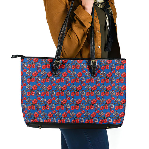 Newcastle Knights Leather Tote Bag Tropical Hibiscus Floral Seamless Rugby Mascot