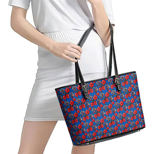 Newcastle Knights Leather Tote Bag Tropical Hibiscus Floral Seamless Rugby Mascot